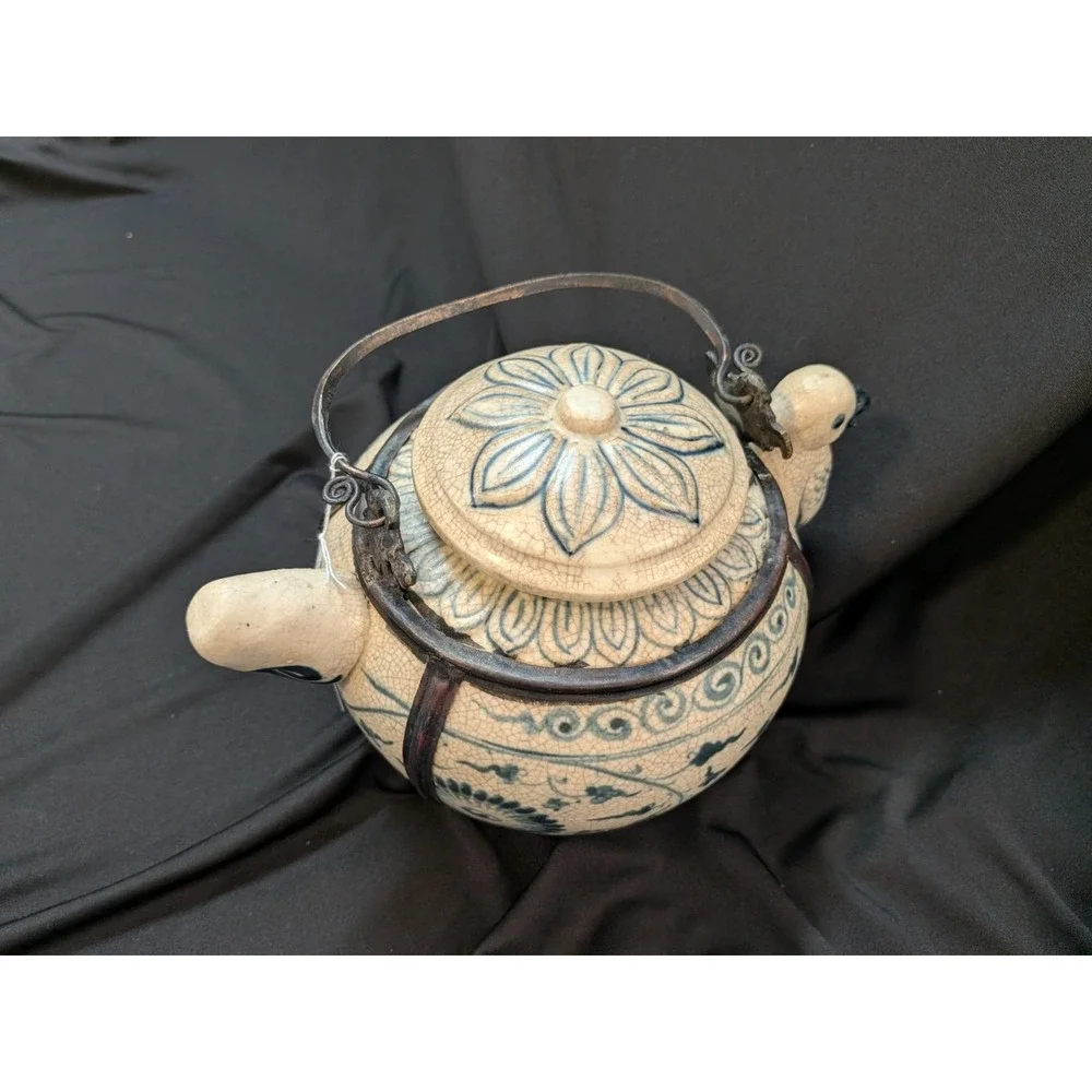 Antique Blue & White Asian Teapot Figural Spout